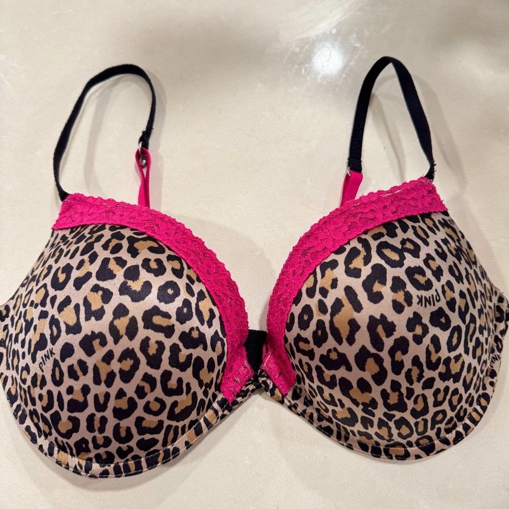VICTORIA’S SECRET PINK CHEETAH ANIMAL PRINT W/ LACE ULTIMATE PUSH UP BRA 36C